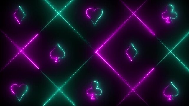 Neon playing card suits and intersecting lines on a dark background playing cards hearts