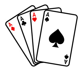 Four Aces Playing Cards Fan Featuring Hearts Diamonds Clubs And Spades Suits, Winning Poker Hand Concept For Gambling And Casino Designs