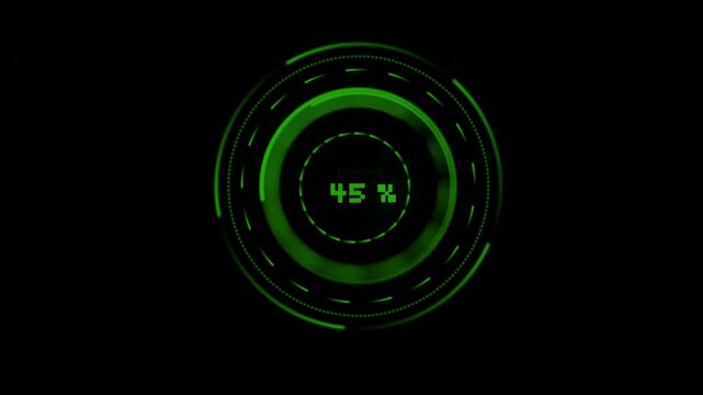 Green Futuristic Digital Loading Progress Interface with Percentage HUD on Black Background