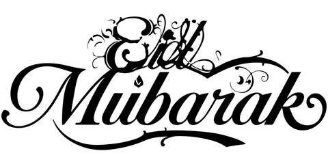 Eid mubarak calligraphy text design, elegant black script for islamic holiday greeting card and celebration poster isolated on white background.  © Juairia