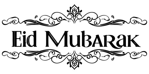Eid mubarak calligraphy text design, elegant black script for islamic holiday greeting card and celebration poster isolated on white background.  © Juairia