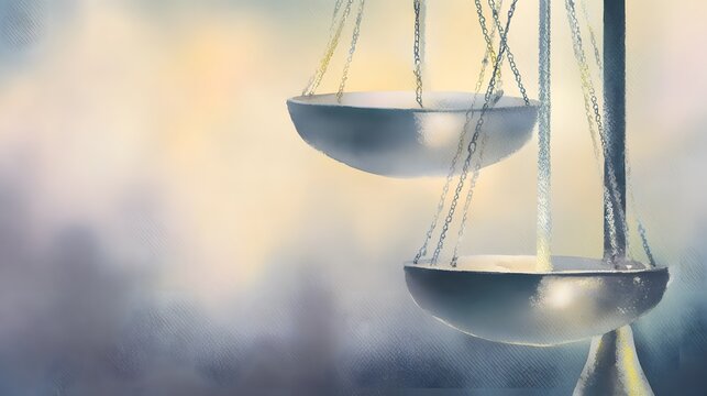 Symbolic scales of justice watercolor illustration evokes fairness balance and legal weight in a serene composition