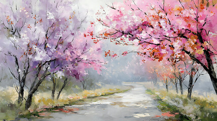 Fototapeta premium vintage oil painting of a countryside view with a path lined by blooming cherry trees, realistic muted tones, moody art peaceful , beautiful 