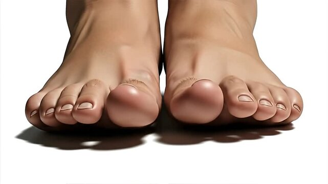 Bare feet with bunions on white background.