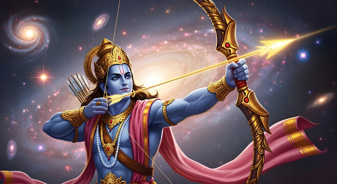 Lord Rama Shooting Arrow in Cosmic Galaxy Background &ndash; Ram Navami Spiritual Illustration