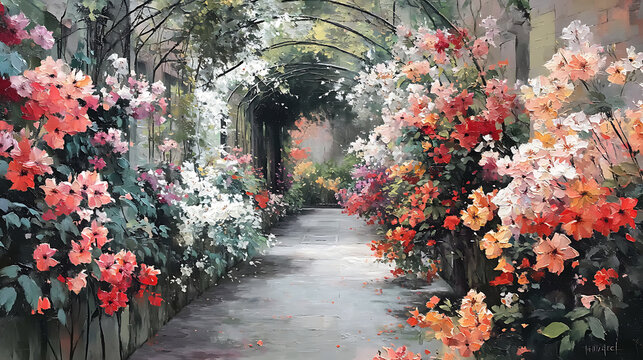 vintage oil painting of a garden path with arches of climbing roses and clematis, realistic muted tones, moody art peaceful , beautiful 