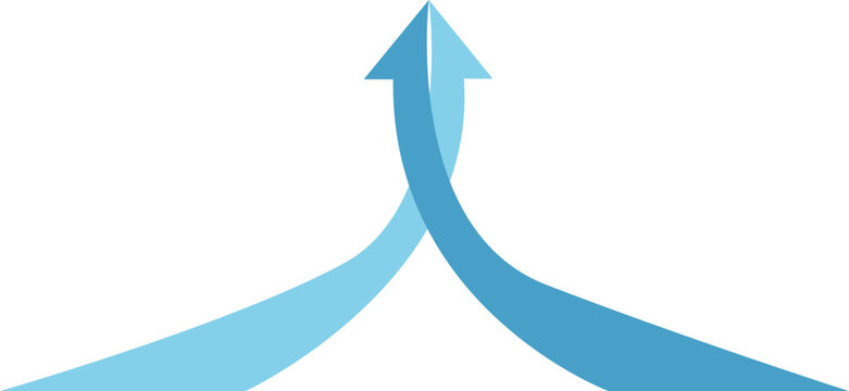 Two blue paths merging into single upward pointing arrow on white background icon