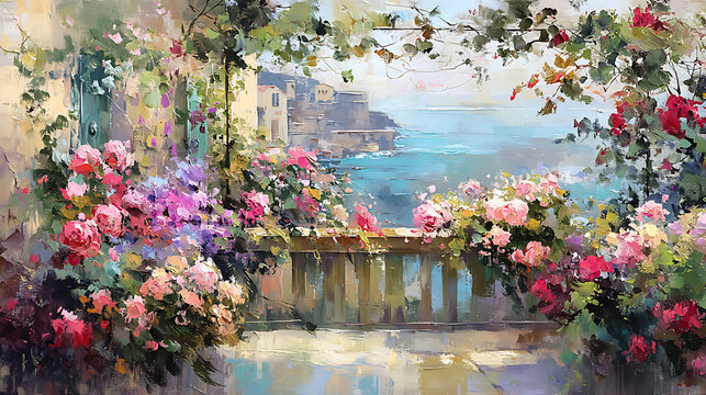 intage oil painting of a garden terrace with blooming peonies and a view of the sea, realistic muted tones, moody art peaceful , beautiful 