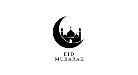 Fototapeta premium Black and white eid mubarak logo with mosque silhouette inside crescent moon shape