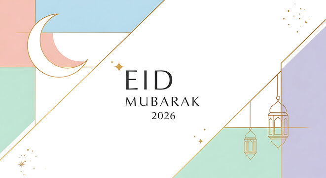 Eid mubarak modern greeting with crescent moon and lanterns celebrating islamic holiday 2026