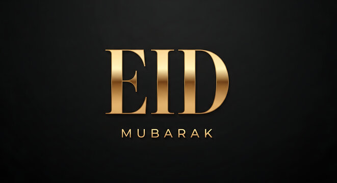 Luxury eid mubarak text in polished gold 3d font isolated on dark black textured wall background