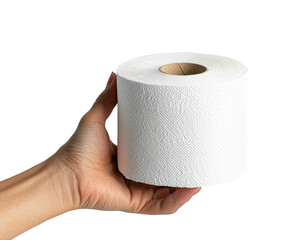 Hand holds a roll of toilet paper against a white background