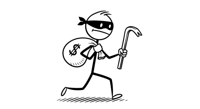 Cartoon character dressed as a thief running with a sack of money.