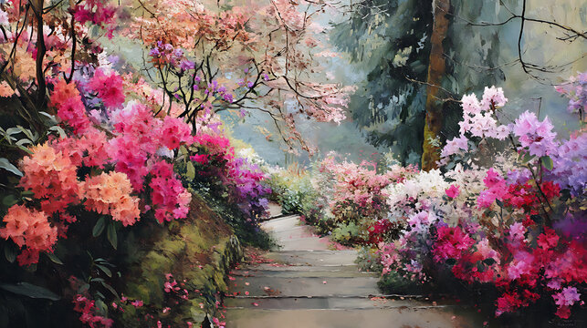 vintage oil painting of a cozy English garden with a stone path and a variety of spring blooms, realistic muted tones, moody art peaceful , beautiful