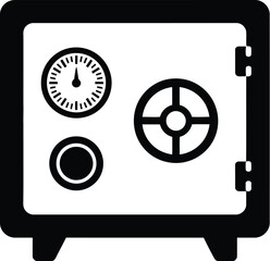 Black silhouette icon shows a sturdy safe with a combination dial and locking wheel for securing valuables.