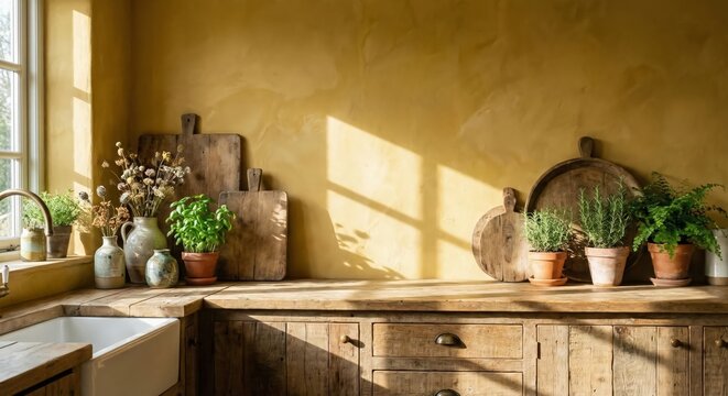 modern kitchen interior with sink and clear table with wooden cutting boards and mustard yellow wall with copy space