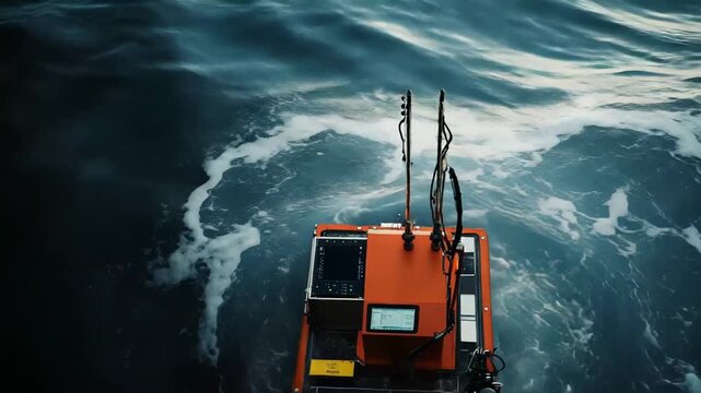 Orange autonomous underwater vehicle submerging into the deep, dark ocean, collecting vital data for marine science, technology, and advanced hydrographic exploration