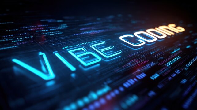 Vibe Coding text glowing in blue and orange neon on a digital futuristic background of code