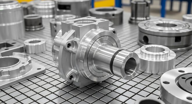 Close-up of various machined metallic parts on a table, showcasing precision engineering