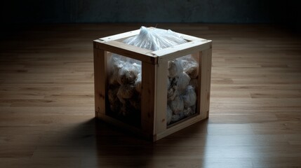 Fototapeta premium Wooden cube lantern with fabric top in dramatic empty room