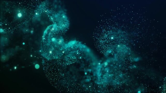 Glowing blue particles swirling in darkness, futuristic background for technology or space-themed projects