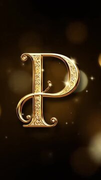 Golden letter P, luxury decoration, close-up, indoors, with bokeh background, for design use