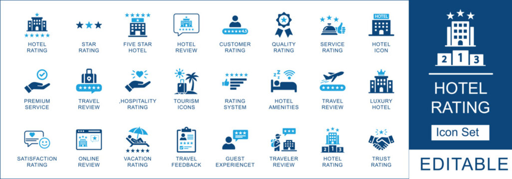 Hotel rating and hospitality icon set featuring star reviews, travel feedback, luxury service, and guest experience symbols for web and app design. Fully editable.