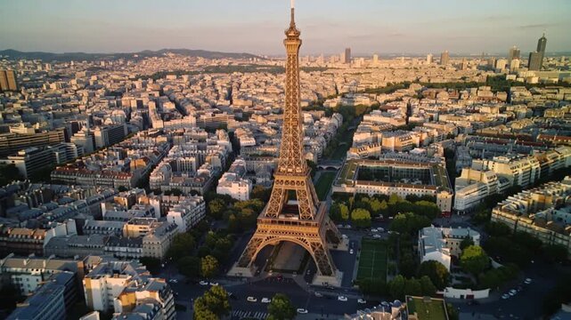 Aerial view of Eiffel Tower with Paris cityscape
