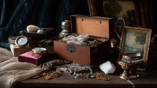 Vintage suitcase and antique objects in dark rustic interior