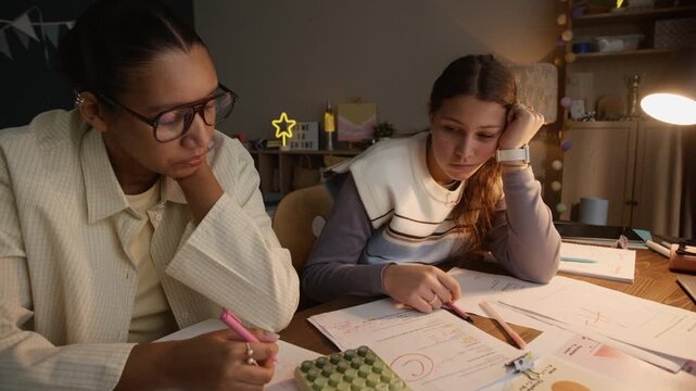 Push in shot of Caucasian teen student leaning on hand and yawning while her tutor explaining new math topic during lesson