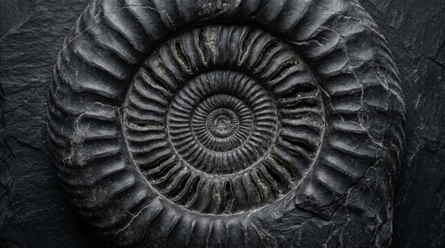 Detailed close-up of a dark ammonite fossil, showcasing its intricate spiral patterns and ribbed texture against a black, textured stone background. Ancient marine life and geology.