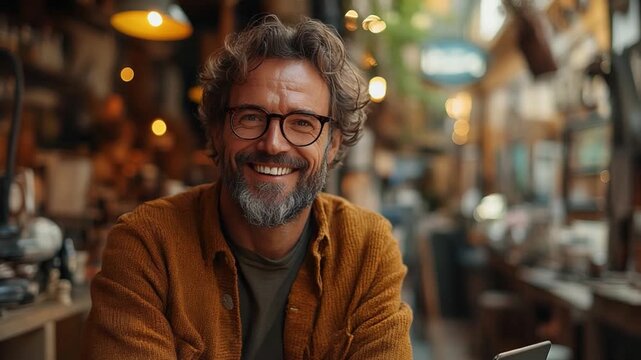 Smiling Man with Glasses: A warm, inviting portrait of a man with glasses smiling, radiating contentment and approachability. Capturing a moment of genuine happiness and positivity.