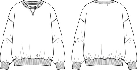 Oversized Crewneck Sweatshirt Fashion Flat Sketch Front and Back View, Drop Shoulder Pullover CAD Drawing Flat Vector Illustration Technical Template © Fozila