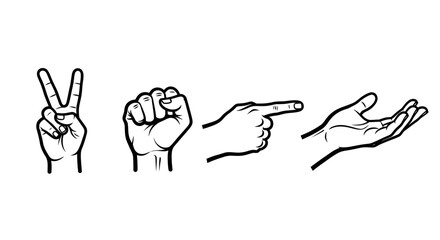 Obraz premium Hands illustrating various gestures in a simple line art style from a straightforward viewpoint