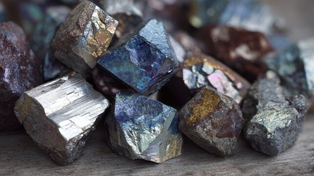 Close-up macro shot of iridescent metallic minerals and pyrite crystals showing peacock colors and cubic structures
