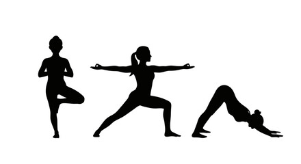 Fototapeta premium Three women practicing yoga in various poses on a serene background from different viewpoints