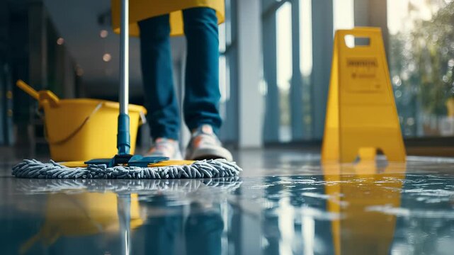 Person Mopping Clean Floor with Mop and Bucket in Bright Commercial Space, Focus on Footwear and Cleaning Supplies.