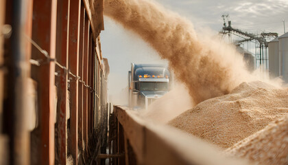 Closeup on trucks being loaded by chute with cottonseeds main focus on flowing seeds while storage piles and dust control systems fade into soft focus.
