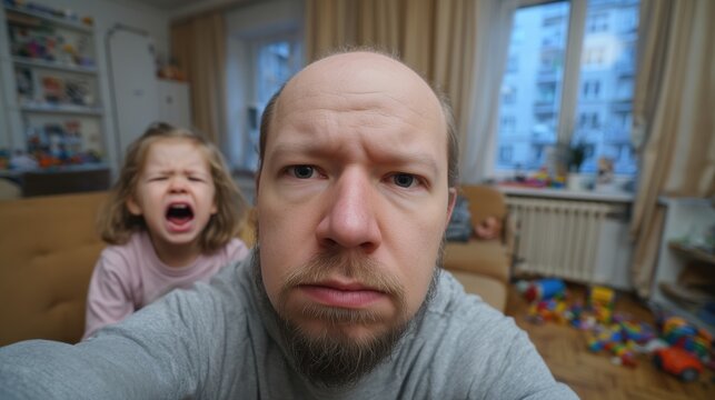 Exhausted father sitting in living room while child having tantrum in background. Parenting burnout, mental health strain, family stress and difficult parenting moment concept