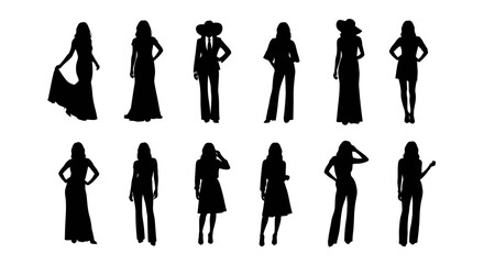 Collection of silhouetted women in various poses and outfits displayed together