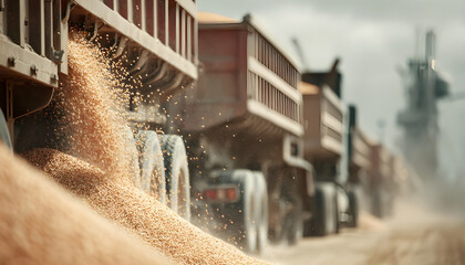 Closeup on trucks being loaded by chute with cottonseeds main focus on flowing seeds while storage piles and dust control systems fade into soft focus.