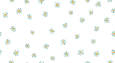 Scattered light blue daisy flowers with yellow centers on a white background