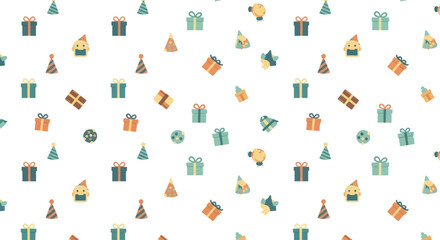Naklejka premium Seamless pattern of flat design gift boxes, party hats, and festive icons on white background.