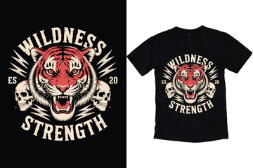 Wildness Strength Tiger and Skull Vintage T-Shirt Design