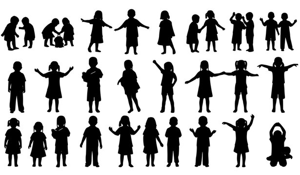Collection of children silhouettes in various actions isolated on white