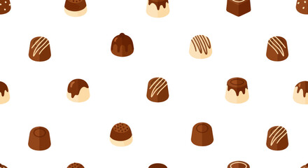Various chocolate candies arranged in a repeating pattern on a white background, flat design style.