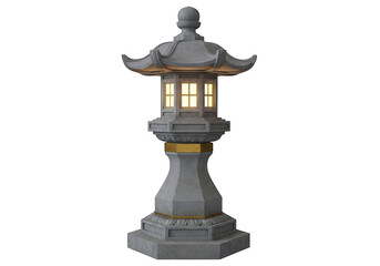 Fototapeta premium Gray stone Asian-style lantern with gold accents and lit interior isolated on transparent background