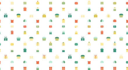 Naklejka premium Retro pattern of small gift boxes and cupcakes on white background, flat design vector