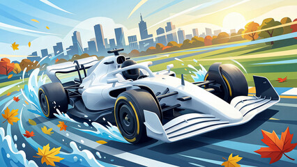 Naklejka premium dynamic illustration of a white race car speeding through water and autumn leaves against a city skyline