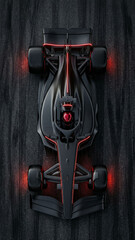 Naklejka premium top view of black matte formula 1 car with neon red lines on dark asphalt